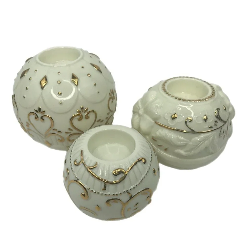 Vintage 90s Otagiri 3 Round Porcelain Tea Light Candle Holders Gold Accent
